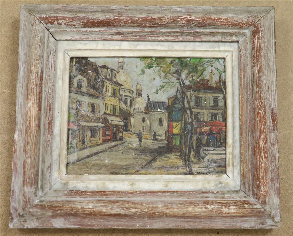 French School, oil on board, Montmartre street scene, indistinctly signed, 13 x 17cm